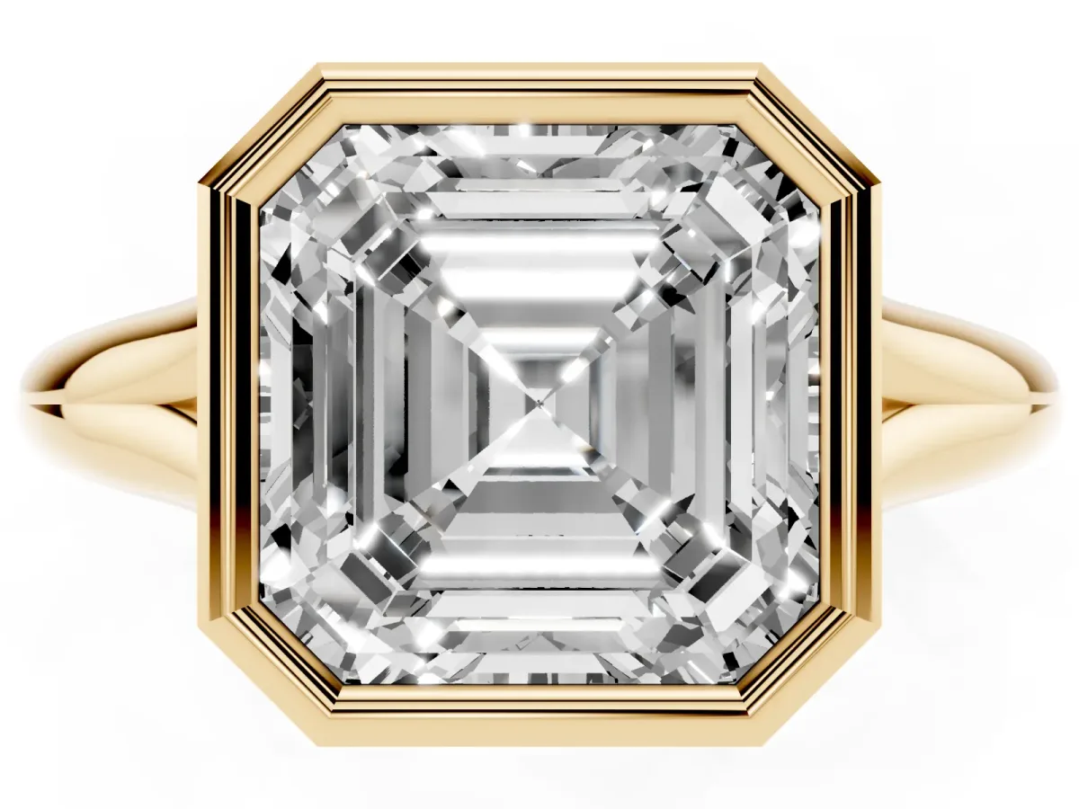 Bezel Set Asscher Cut Solitaire Diamond Ring with Smooth Band Yellow gold
