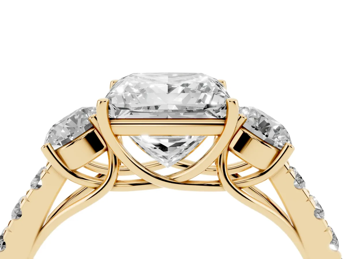 Princess Cut Cut Diamond Three-Stone Ring with Round Side Stones and Pavé Band Yellow gold