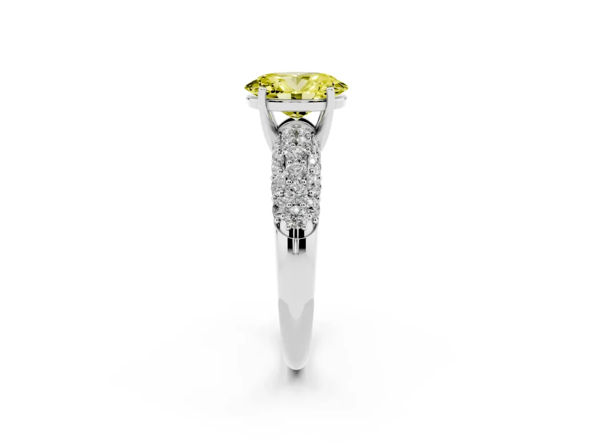 Fancy Yellow Oval Cut Diamond Pavé Band Solitaire Ring with Four-Prong Setting Platinum