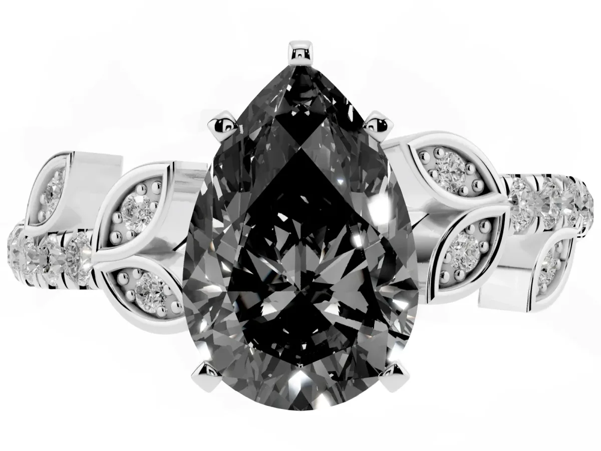 Fancy Black Pear Cut Solitaire Leaf-Inspired Diamond Ring with Pavé Band and Four-Prong Setting Silver