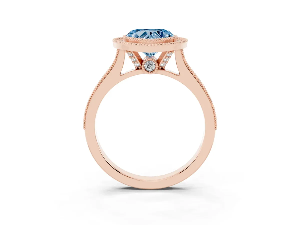 Fancy Blue Halo Heart Cut-Cut Diamond Pave Band Milgrain Prong Setting Ring Rose gold