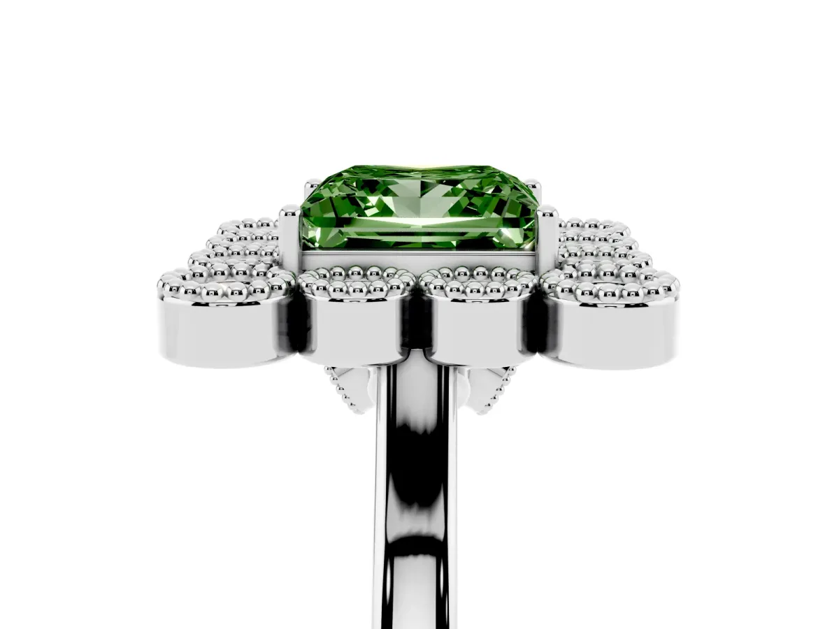 Fancy Green Princess Cut Halo Diamond Cluster Engagement Ring with Milgrain Bezel Setting and Solitaire Band White gold