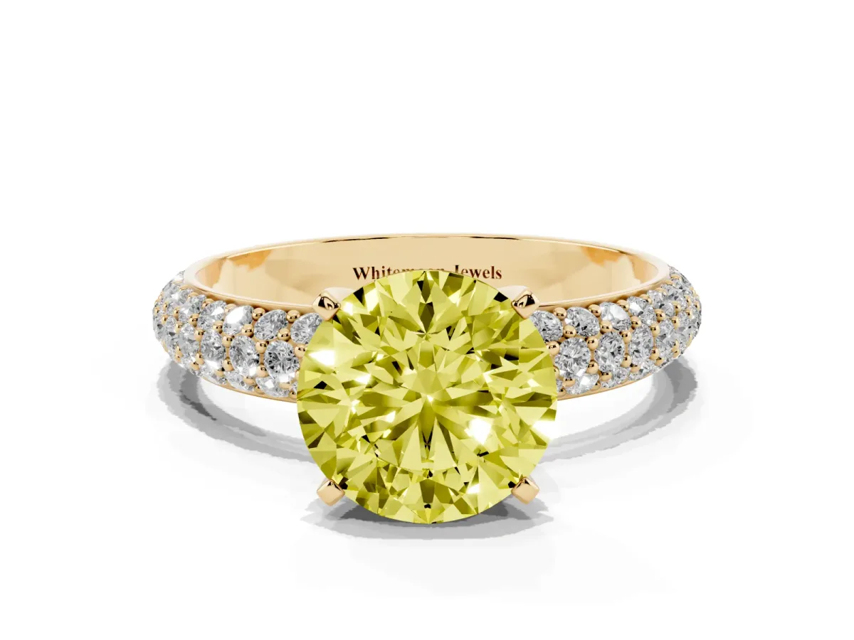 Fancy Yellow Round Cut Diamond Solitaire Ring with Prong Setting and Pavé Band Yellow gold