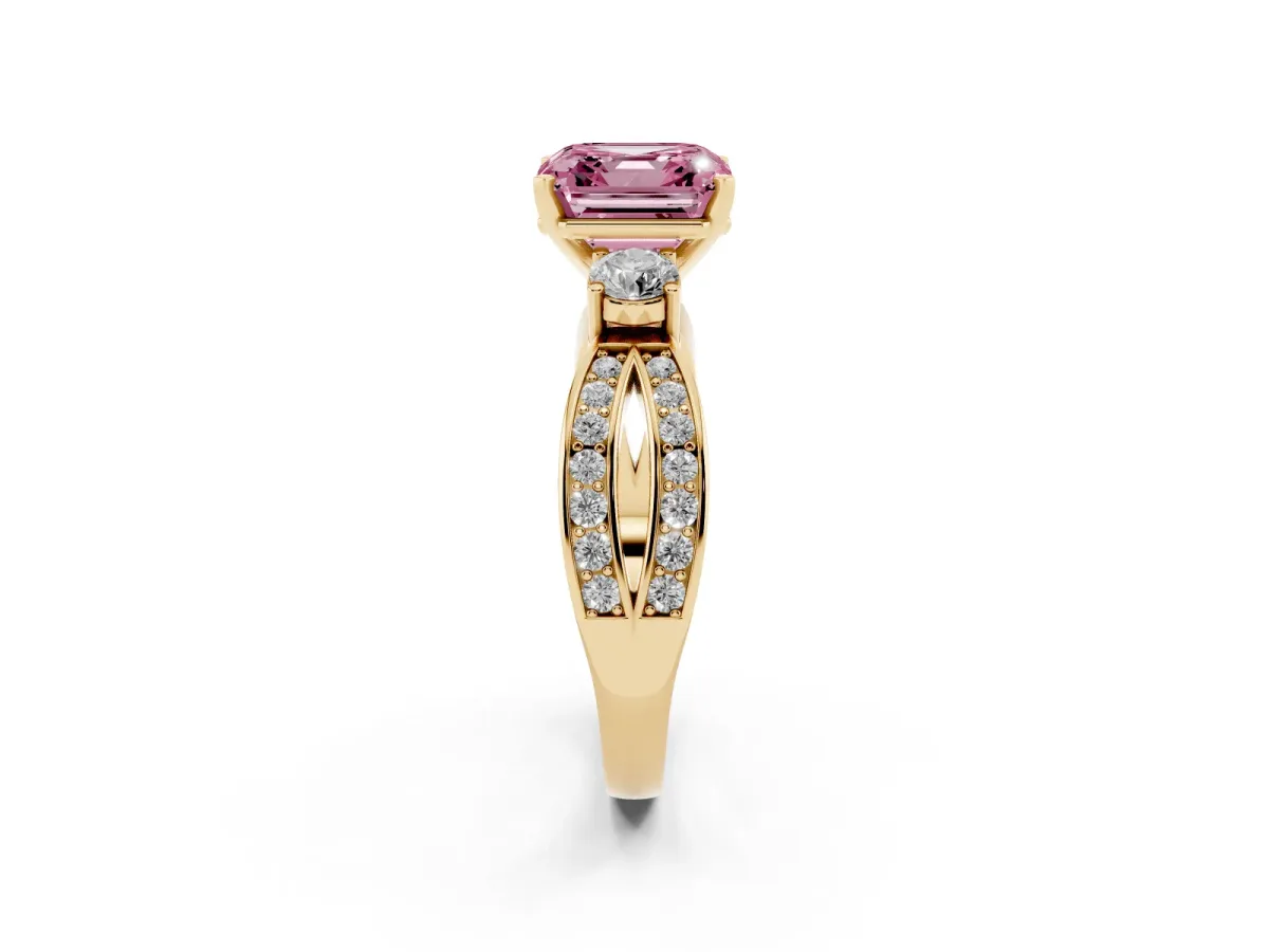 Fancy Pink Three-Stone Asscher Cut Cut Diamond Twist Band with Prong Setting Yellow gold