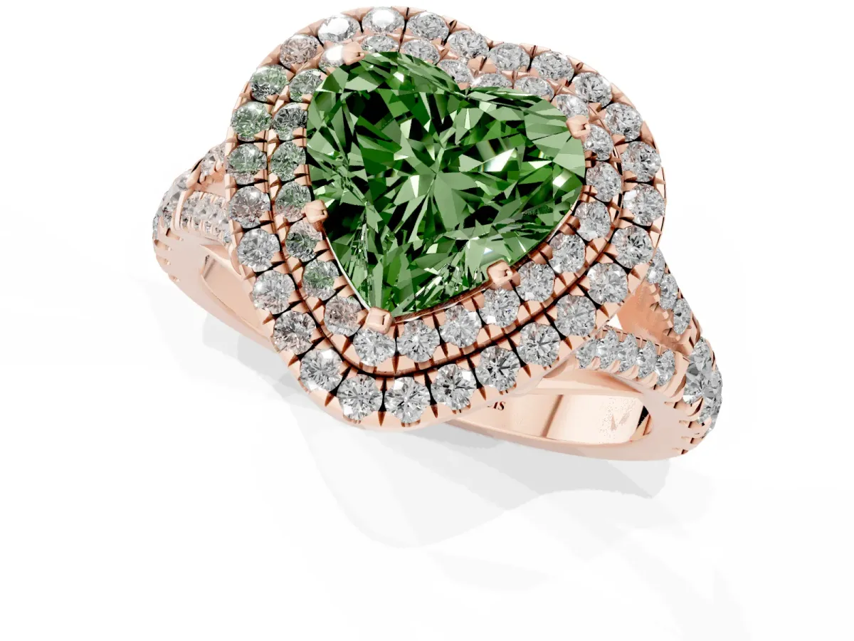 Fancy Green Heart Cut Cut Double Halo Split Shank Diamond Ring with Prong Setting Rose gold