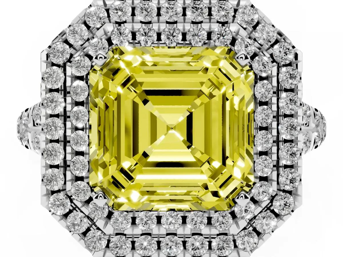 Fancy Yellow Asscher Cut Diamond Pavé Split Shank Double Halo Engagement Ring Platinum