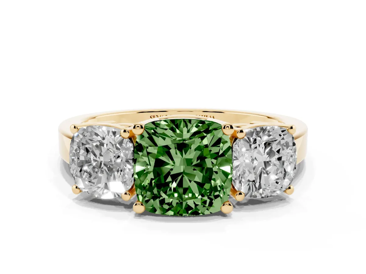Fancy Green Three-Stone Cushion Cut Cut Diamond Engagement Ring with Flat Band and Four-Prong Setting Yellow gold