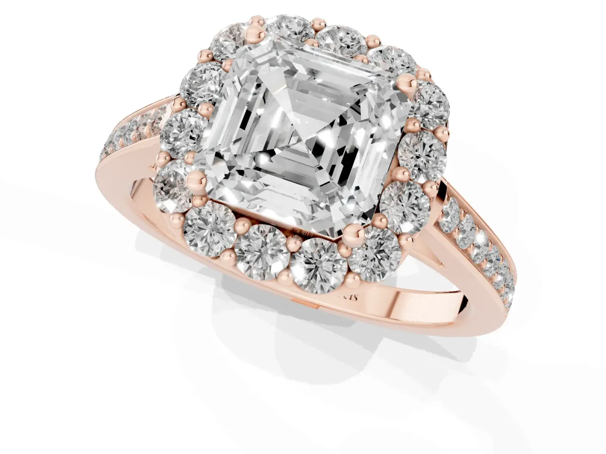 Asscher Cut Diamond Floral Halo Ring with Pavé Band and Prong Setting Rose gold