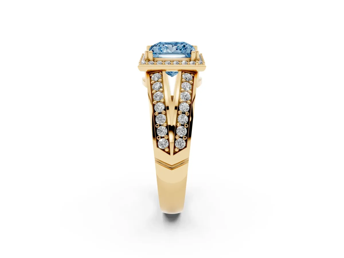 Fancy Blue Princess Cut Diamond Halo Ring with Split Shank Pavé Band and Four-Prong Setting Yellow gold