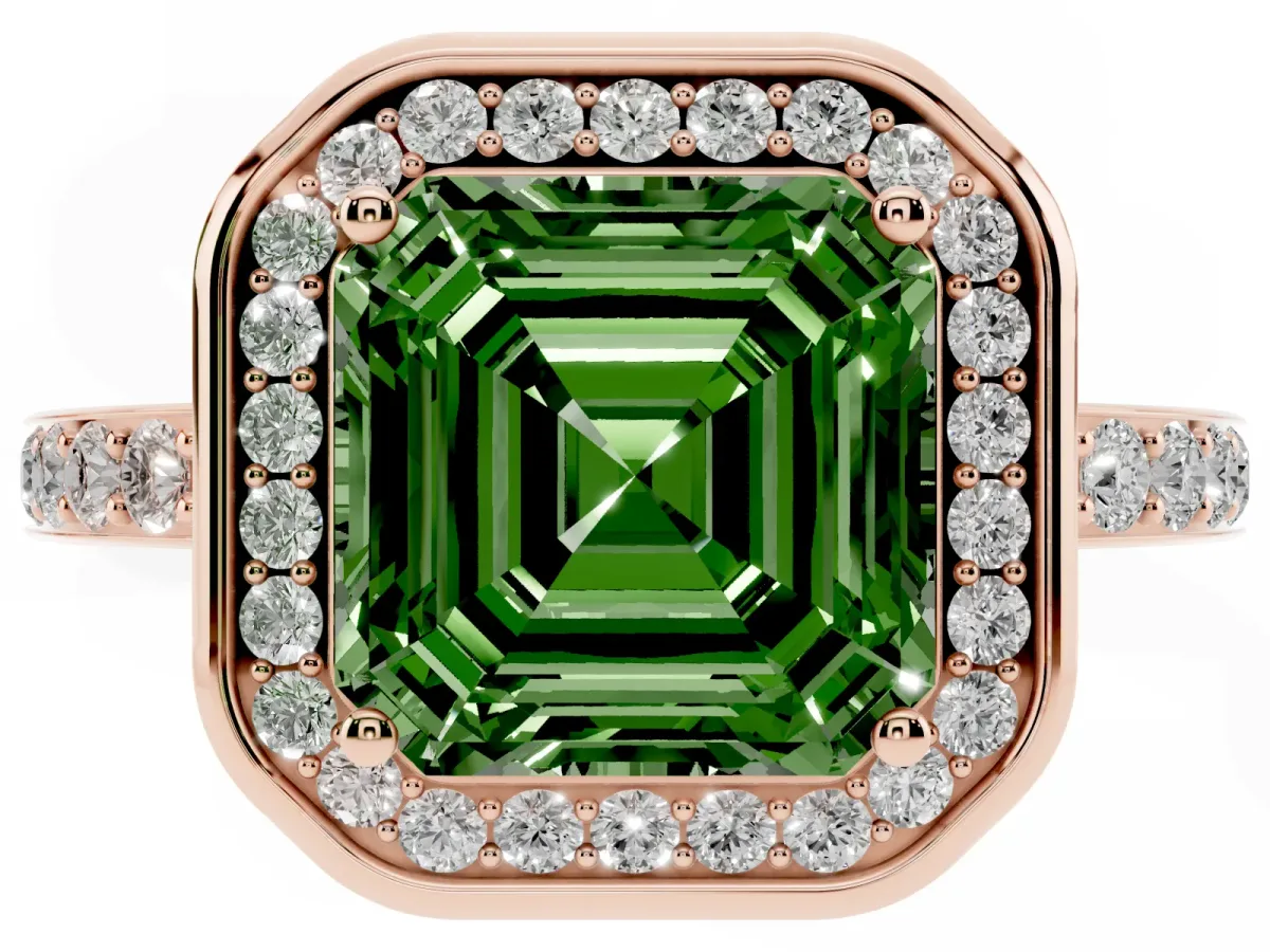 Fancy Green Asscher Cut Diamond Halo Ring with Bezel Frame and Pavé Band Rose gold