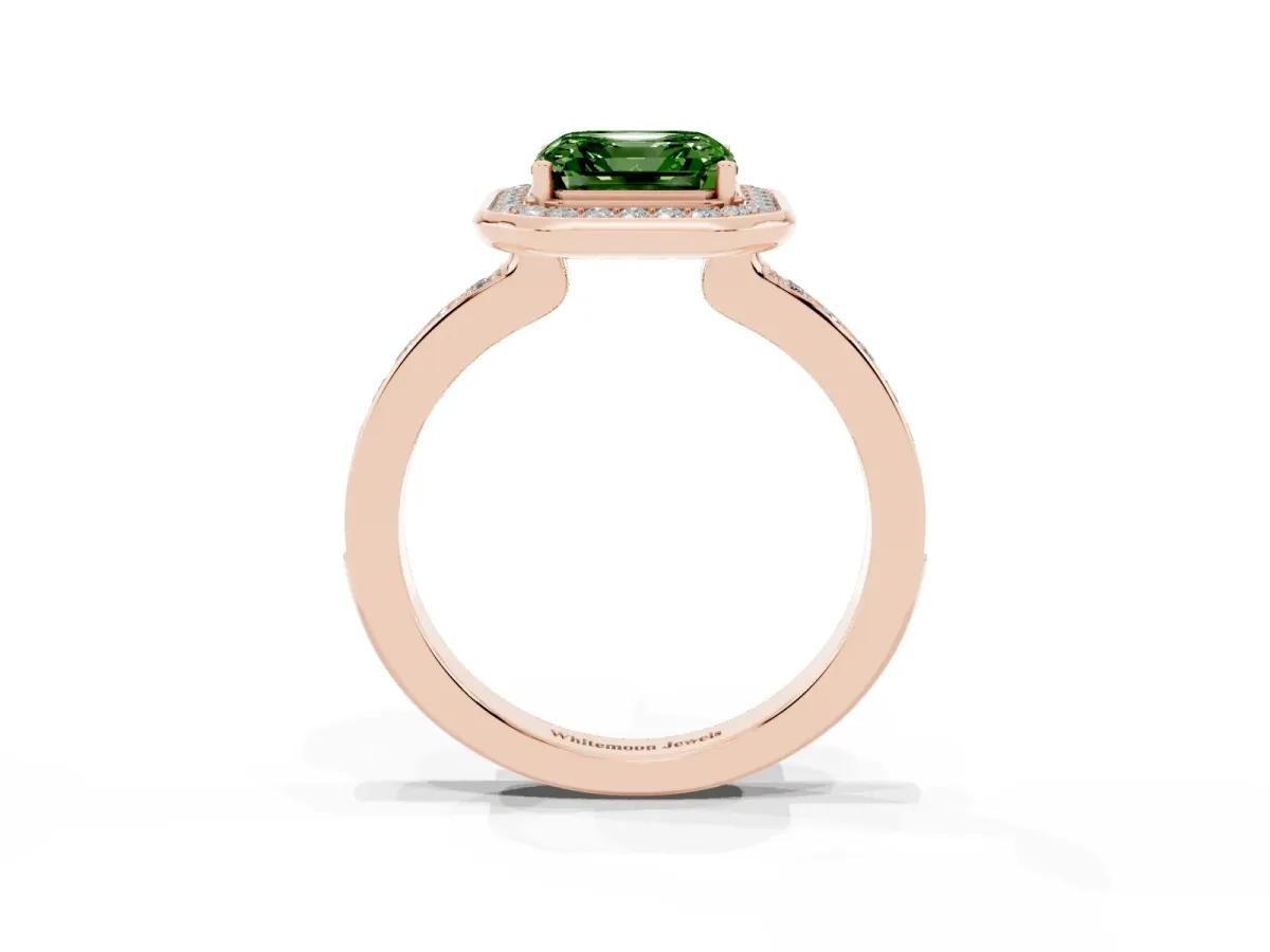 Fancy Green Asscher Cut Diamond Halo Ring with Bezel Frame and Pavé Band Rose gold