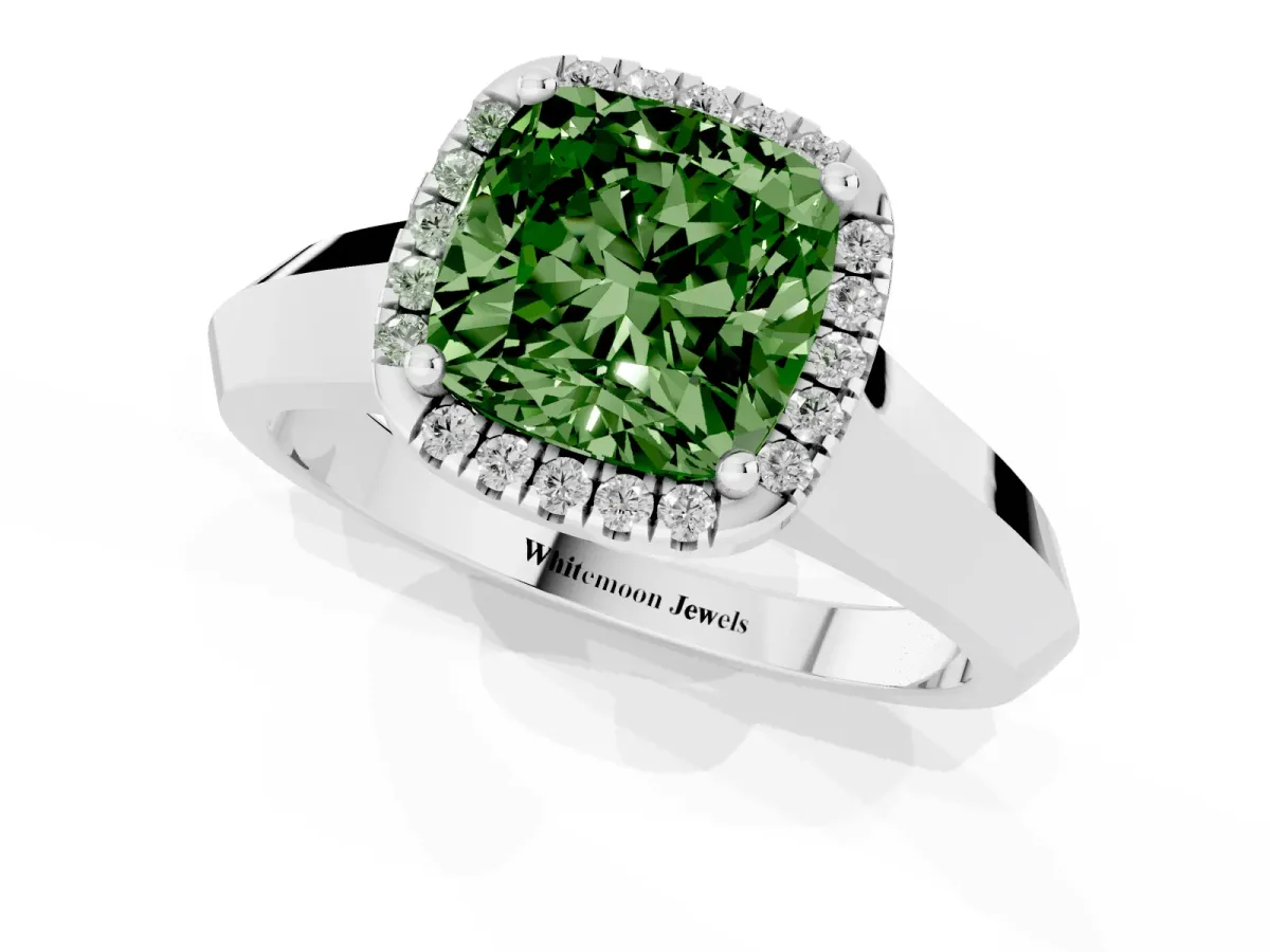Fancy Green Cushion Cut Halo Diamond Ring with Cathedral Band and Four-Prong Setting Silver