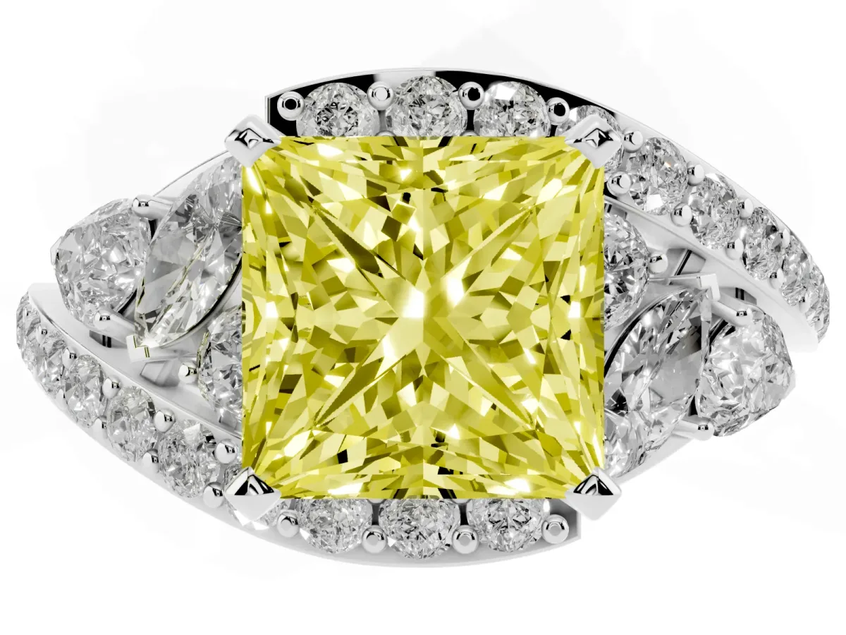 Fancy Yellow Princess Cut Diamond Halo Ring with Marquise and Pavé Band in Prong Setting Silver