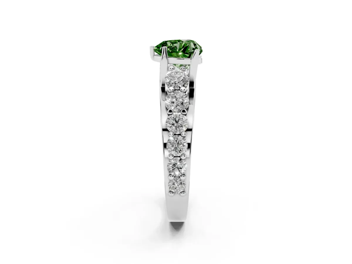 Fancy Green Heart Cut Diamond Engagement Ring with Pavé Band and Four-Prong Setting Silver
