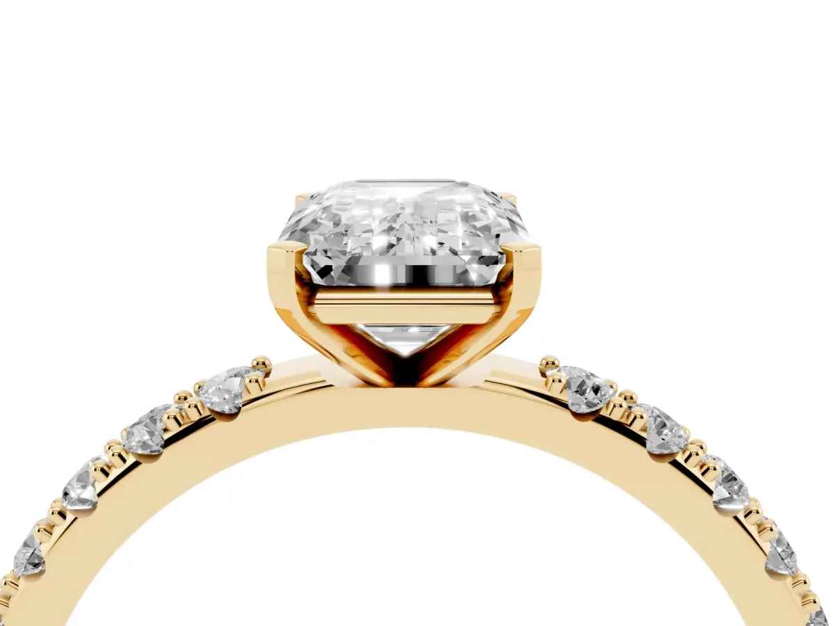Emerald Cut Diamond Solitaire Pavé Band with Four-Prong Setting Yellow gold