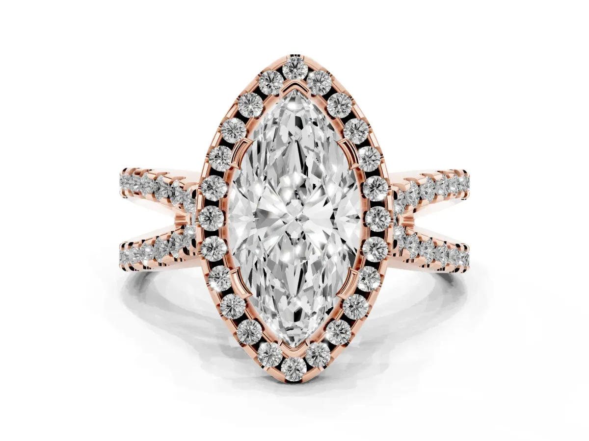 Marquise Cut Diamond Halo Ring with Split Shank Pavé Band and Prong Setting Rose gold