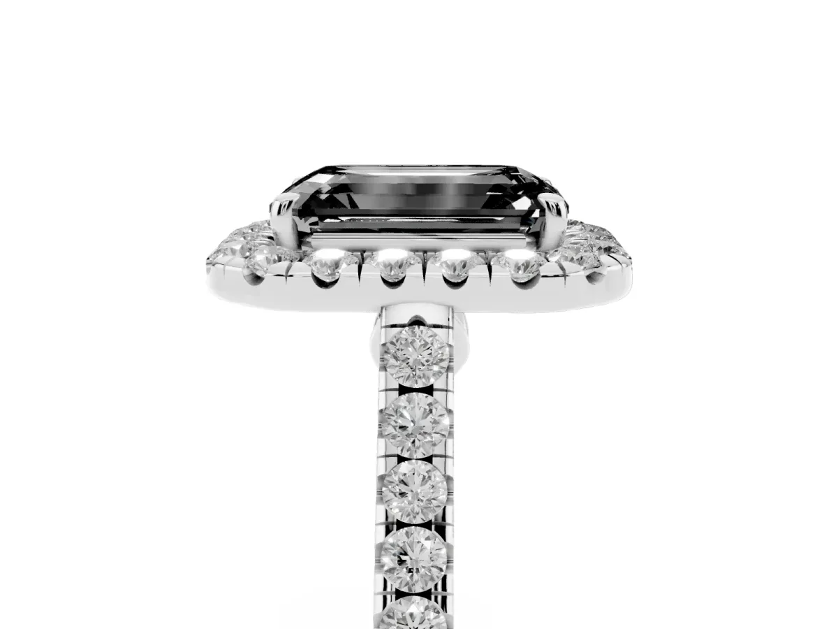 Fancy Black Emerald Cut Halo Pave Diamond Engagement Ring with Four-Prong Setting Silver