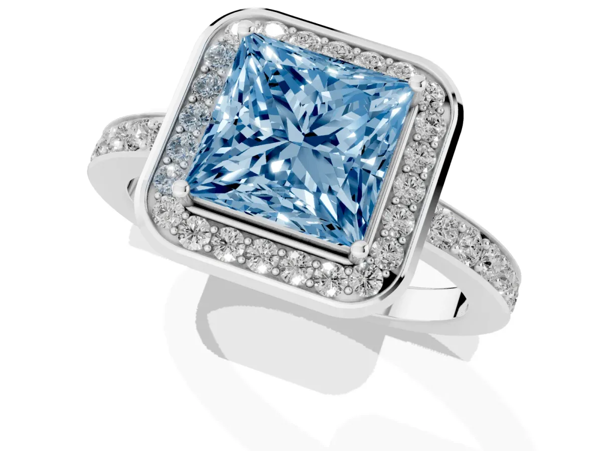 Fancy Blue Princess Cut Diamond Halo Ring with Bezel Frame and Pavé Band Silver