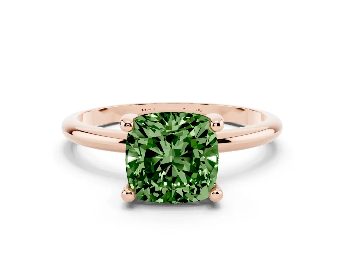 Fancy Green Cushion Cut Solitaire Diamond Ring with 4-Prong Setting on a Classic Band Rose gold