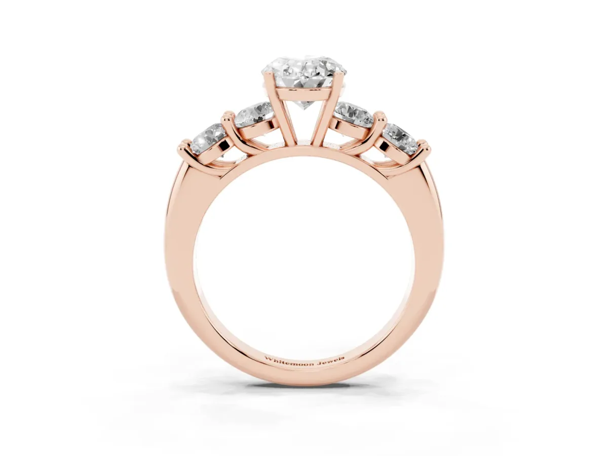 Oval Cut Cut Five-Stone Prong Set Diamond Ring with Classic Band Rose gold