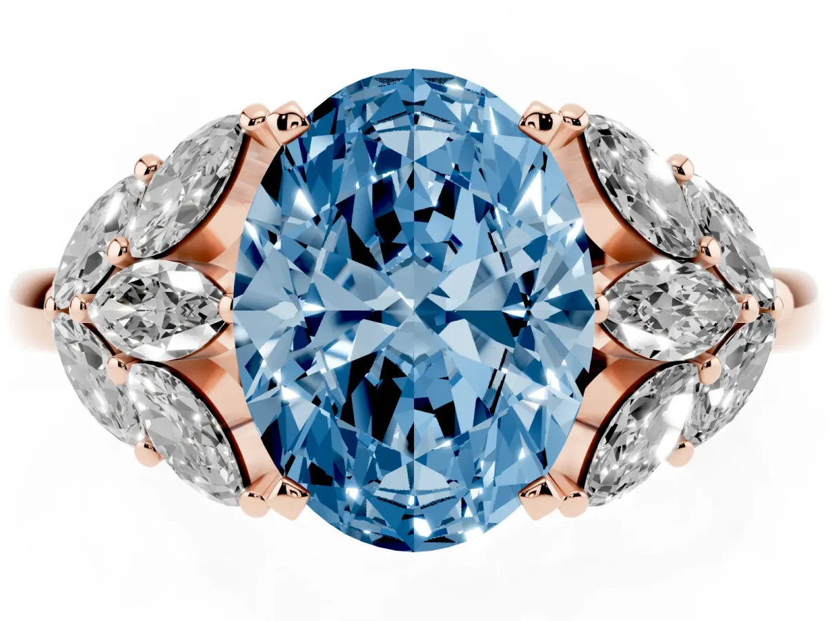 Fancy Blue Oval Cut Diamond Cluster Leaf Design Ring with Prong Setting Rose gold