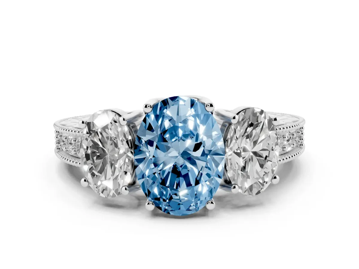 Fancy Blue Three-Stone Oval Cut Cut Milgrain Pavé Engagement Ring Platinum