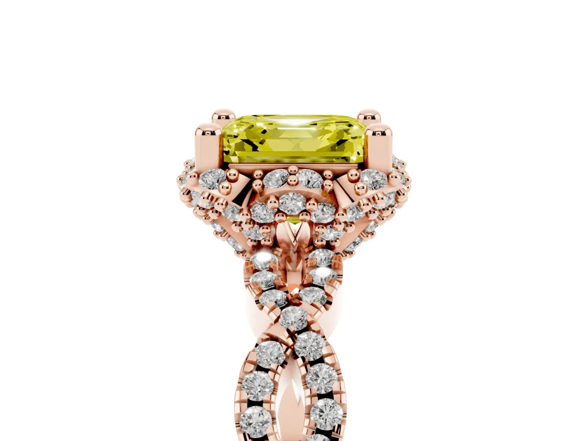 Fancy Yellow Asscher Cut Halo Twist Band Solitaire Ring with Six-Prong Setting Rose gold