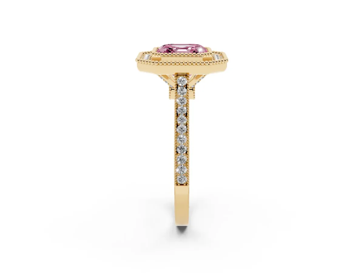 Fancy Pink Asscher Cut Diamond Halo Ring with Milgrain Frame and Pavé Band Yellow gold
