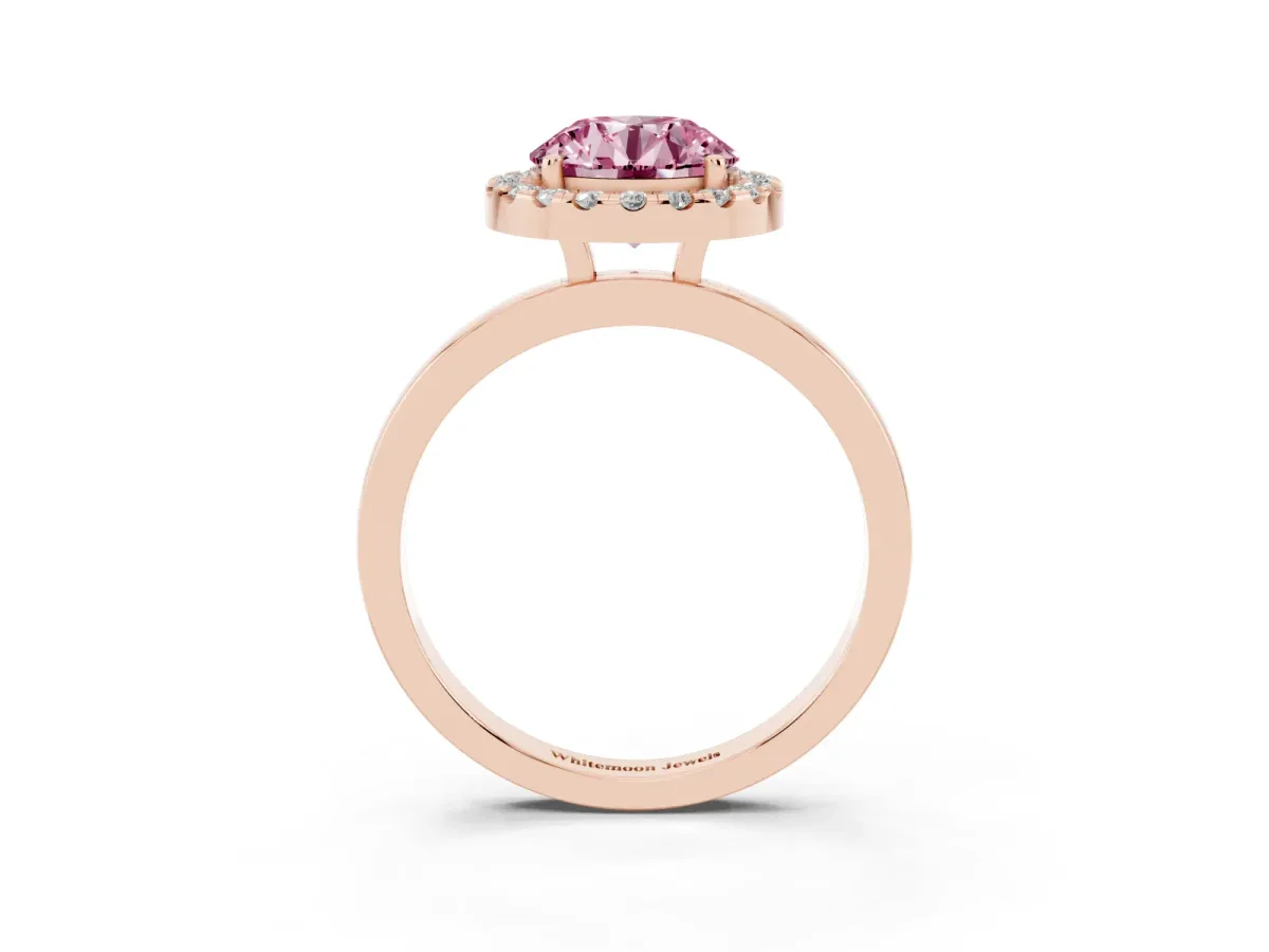 Fancy Pink Round Cut Halo Diamond Solitaire with Pavé Band and Four-Prong Setting Rose gold