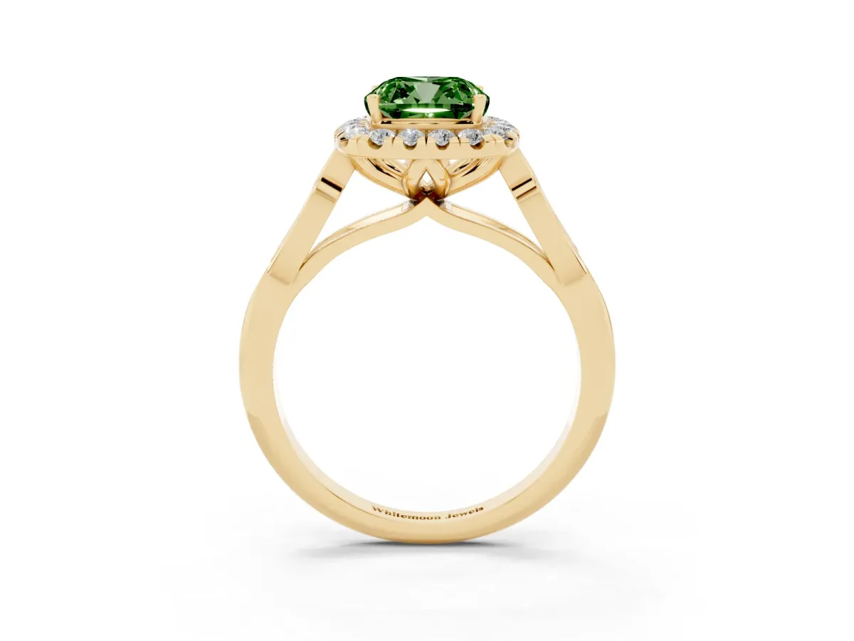 Fancy Green Cushion Cut Halo Diamond Engagement Ring with Filigree Band and Four-Prong Setting Yellow gold