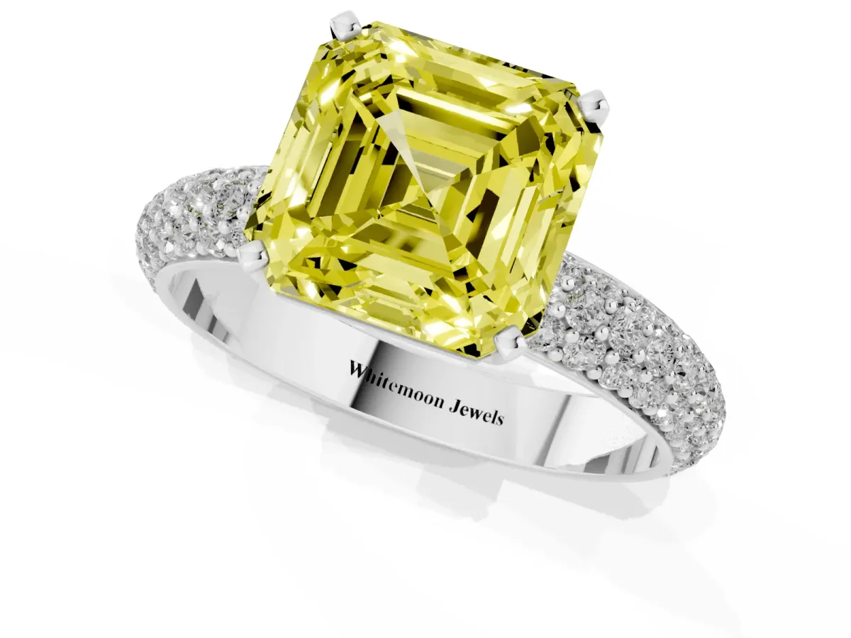Fancy Yellow Asscher Cut Diamond Solitaire Ring with Prong Setting and Pavé Band Silver