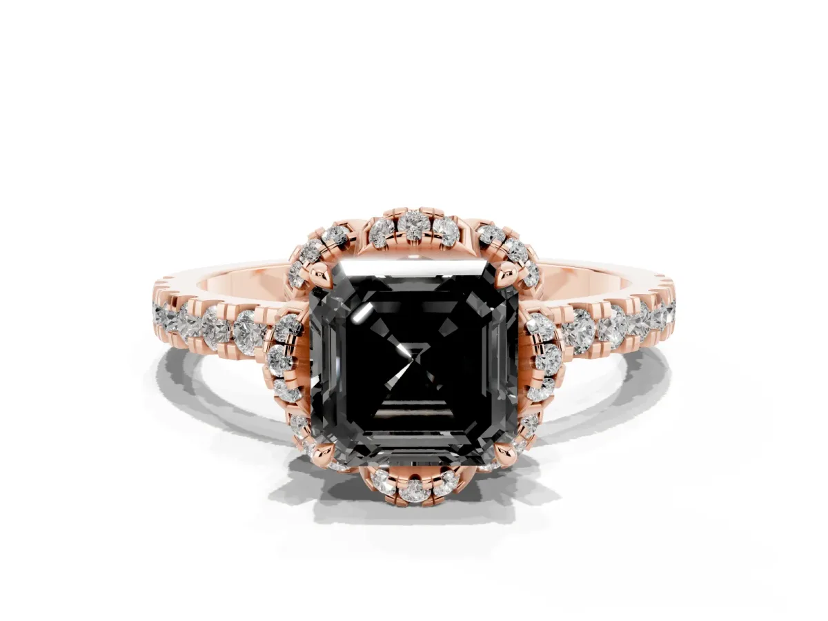 Fancy Black Asscher Cut Diamond Halo Pave Band with Four-Prong Setting Rose gold