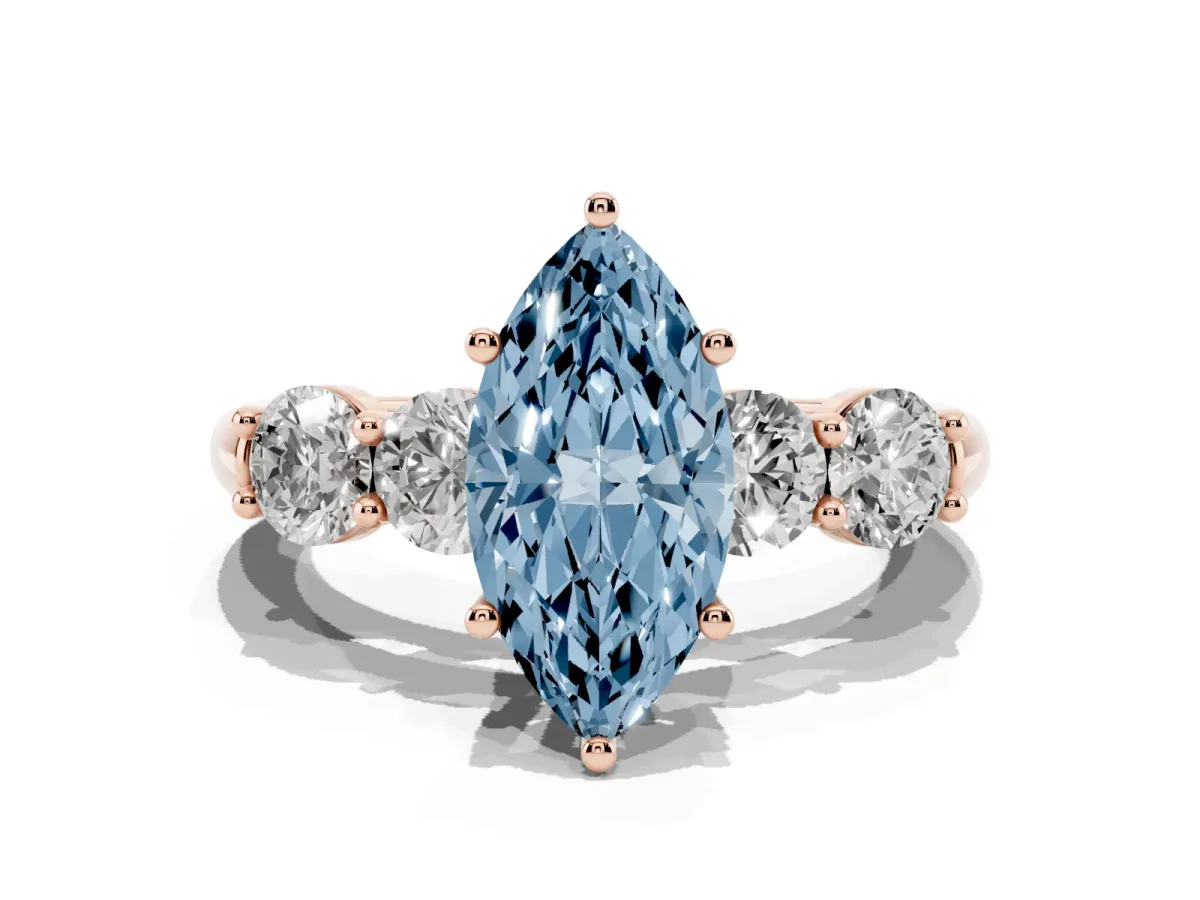 Fancy Blue Marquise Cut Cut Five-Stone Prong Set Diamond Ring with Classic Band Rose gold