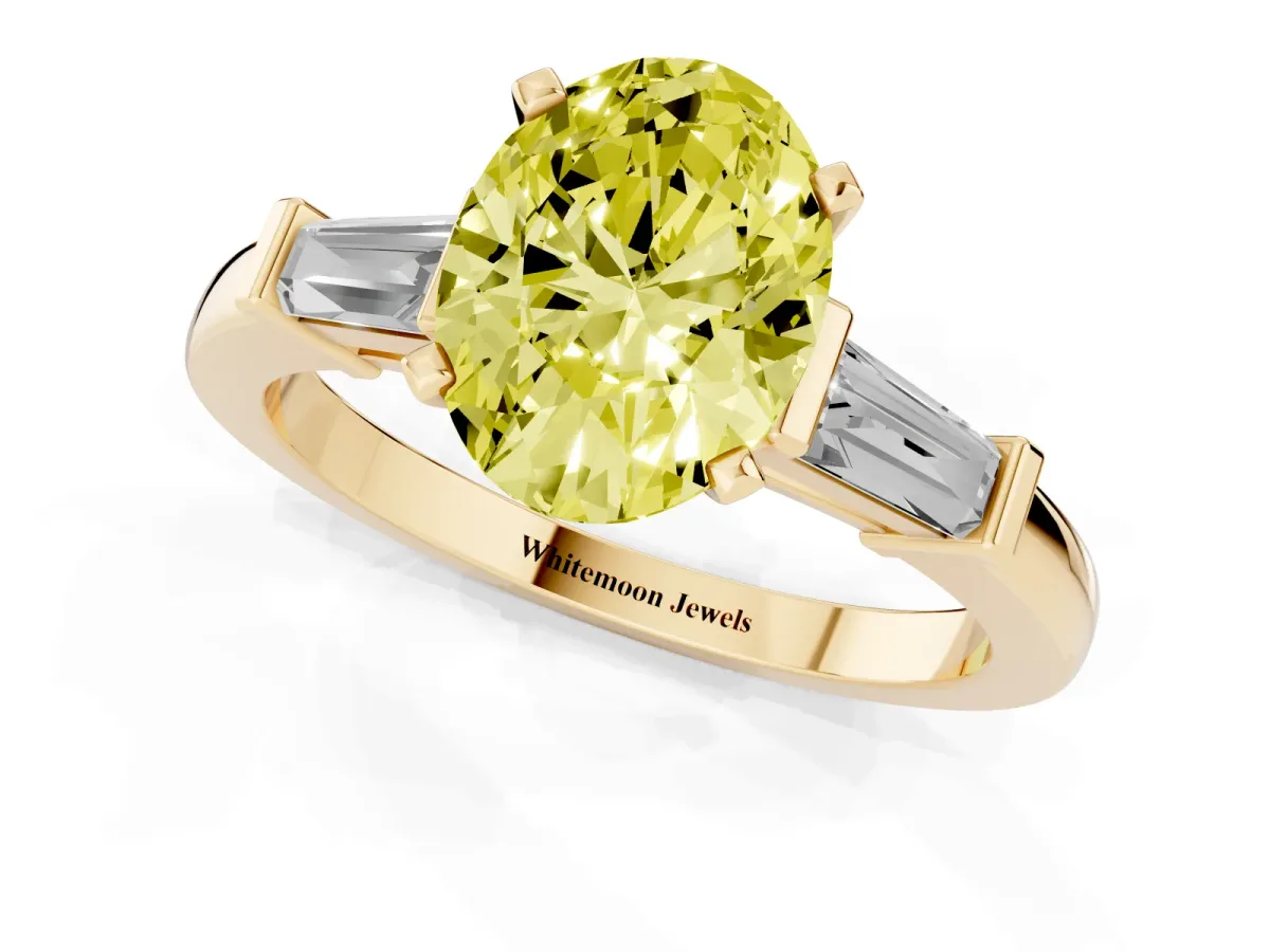 Fancy Yellow Oval Cut Cut Diamond Solitaire Ring with Tapered Baguette Accents and Four-Prong Setting Yellow gold