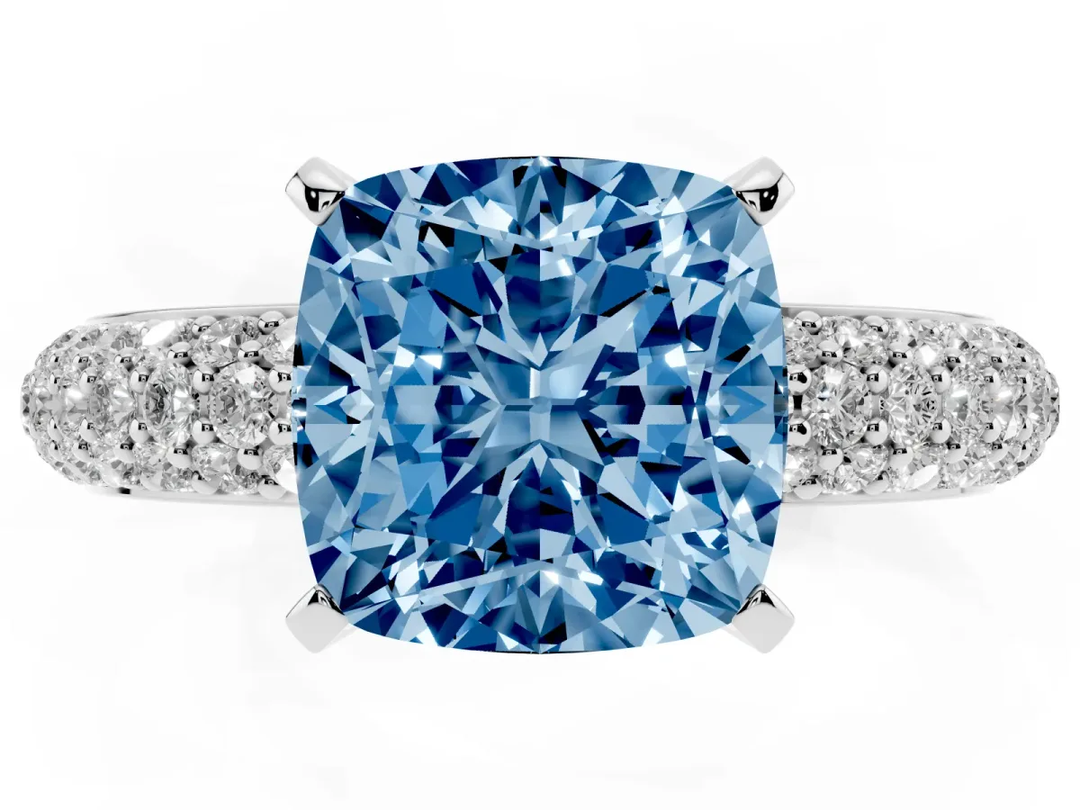 Fancy Blue Cushion Cut Diamond Solitaire Ring with Prong Setting and Pavé Band Silver