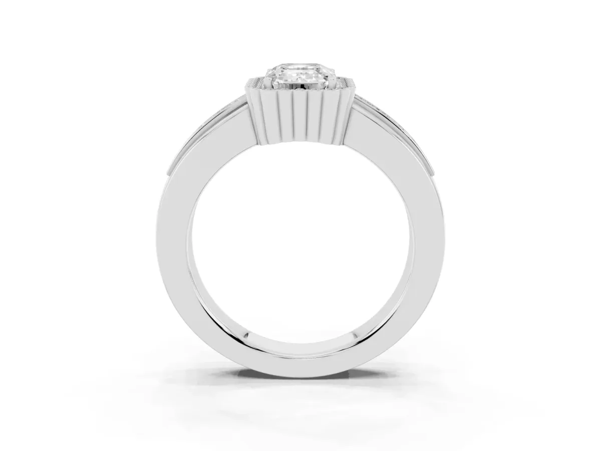 Emerald Cut Cut Halo Pave Band Four-Prong Ring Silver