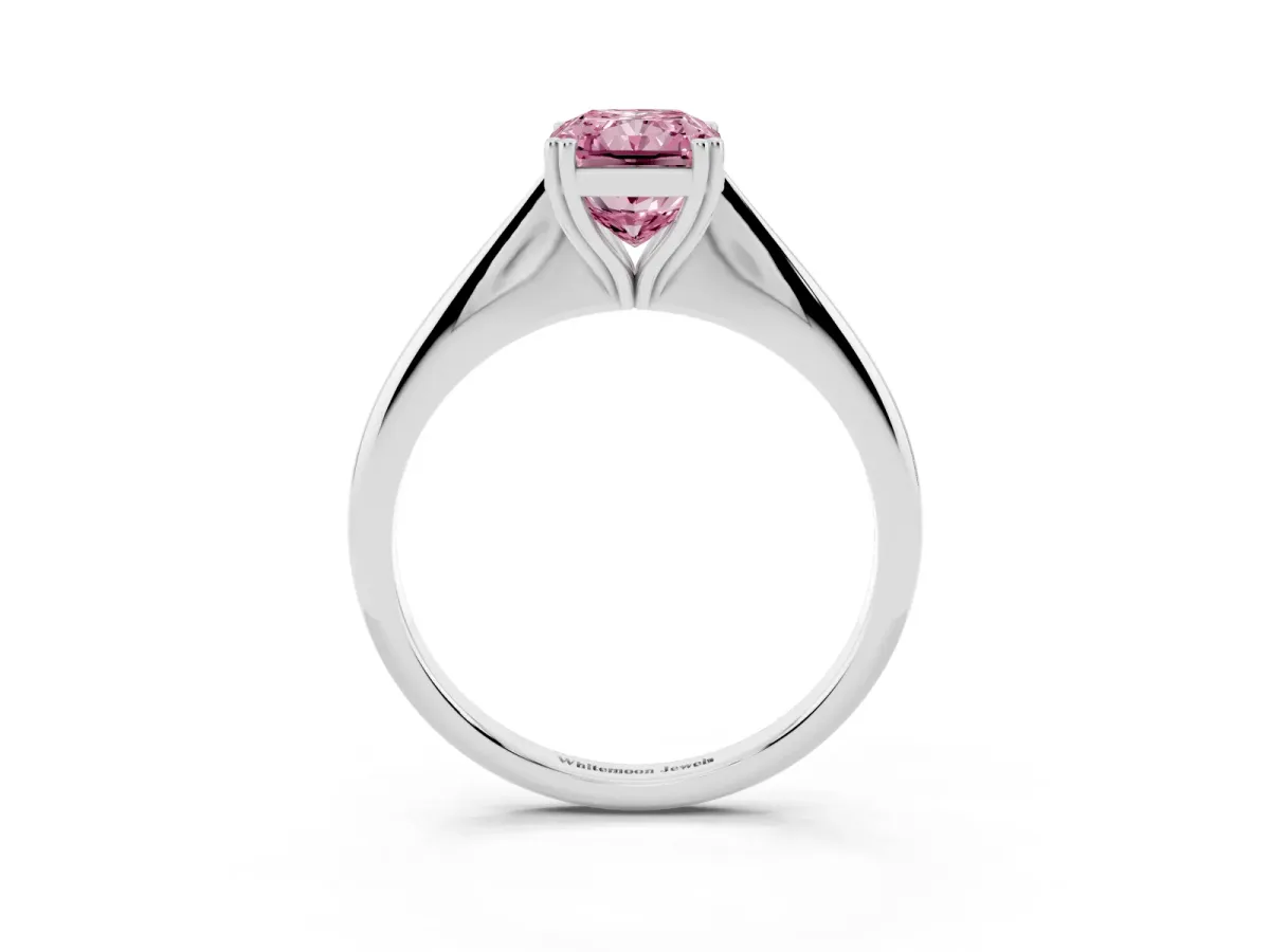 Fancy Pink Radiant Cut Solitaire Diamond Ring with Six-Prong Setting and Classic Band Silver