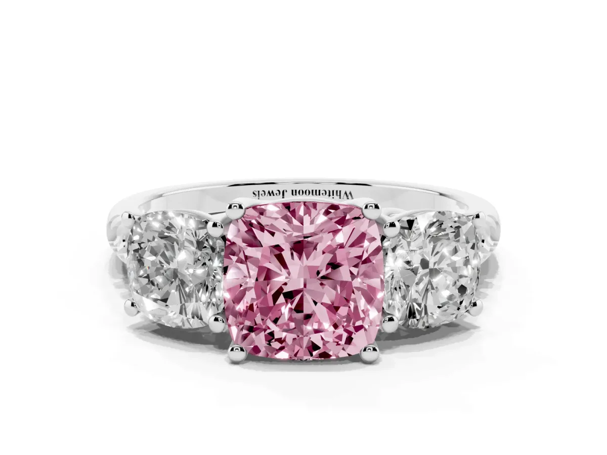 Fancy Pink Three-Stone Cushion Cut Diamond Ring with Round Pavé Band and Prong Setting Silver