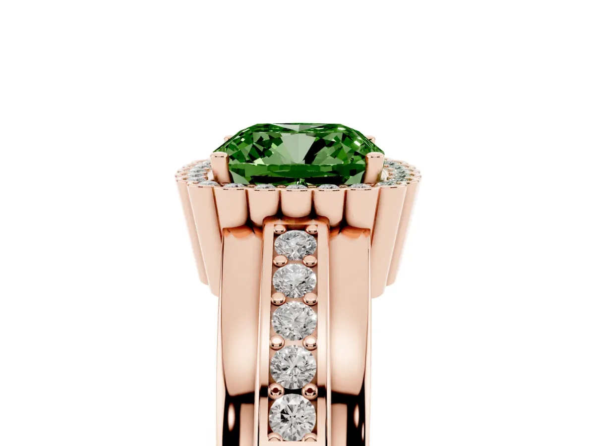 Fancy Green Cushion Cut Cut Halo Pave Band Four-Prong Ring Rose gold