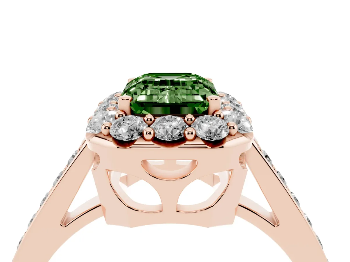 Fancy Green Emerald Cut Diamond Floral Halo Ring with Pavé Band and Prong Setting Rose gold
