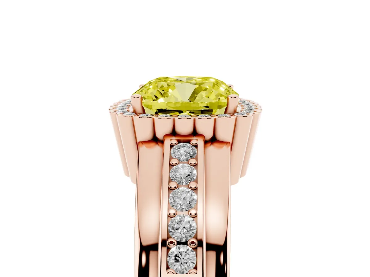 Fancy Yellow Cushion Cut Cut Halo Pave Band Four-Prong Ring Rose gold