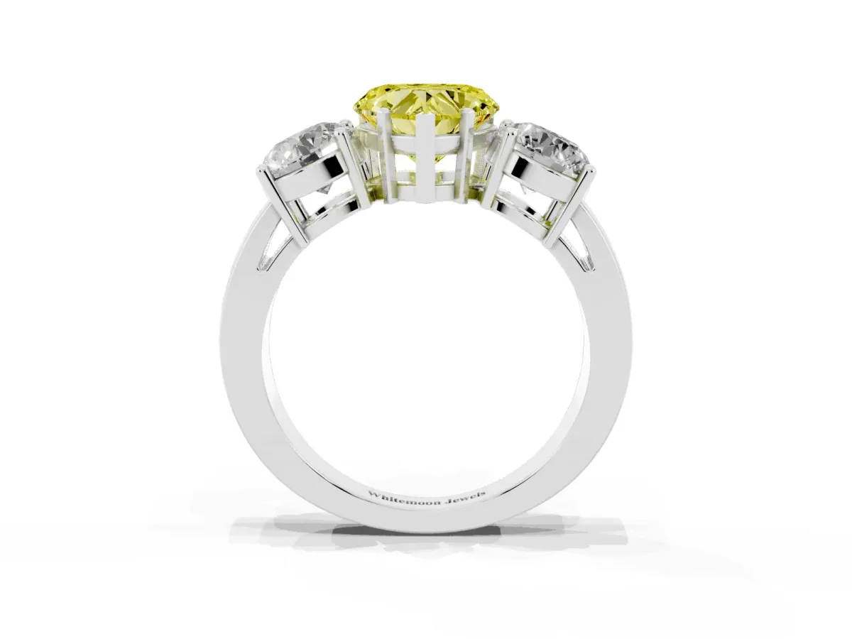 Fancy Yellow Three-Stone Heart Cut Diamond Ring with Round Side Stones, Classic Band, and Four-Prong Setting White gold
