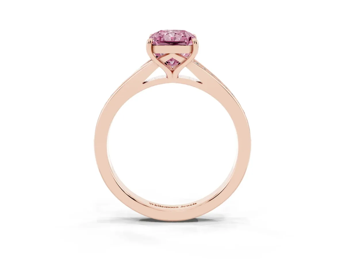 Fancy Pink Radiant Cut Diamond Solitaire Ring with Pavé Band and Prong Setting Rose gold