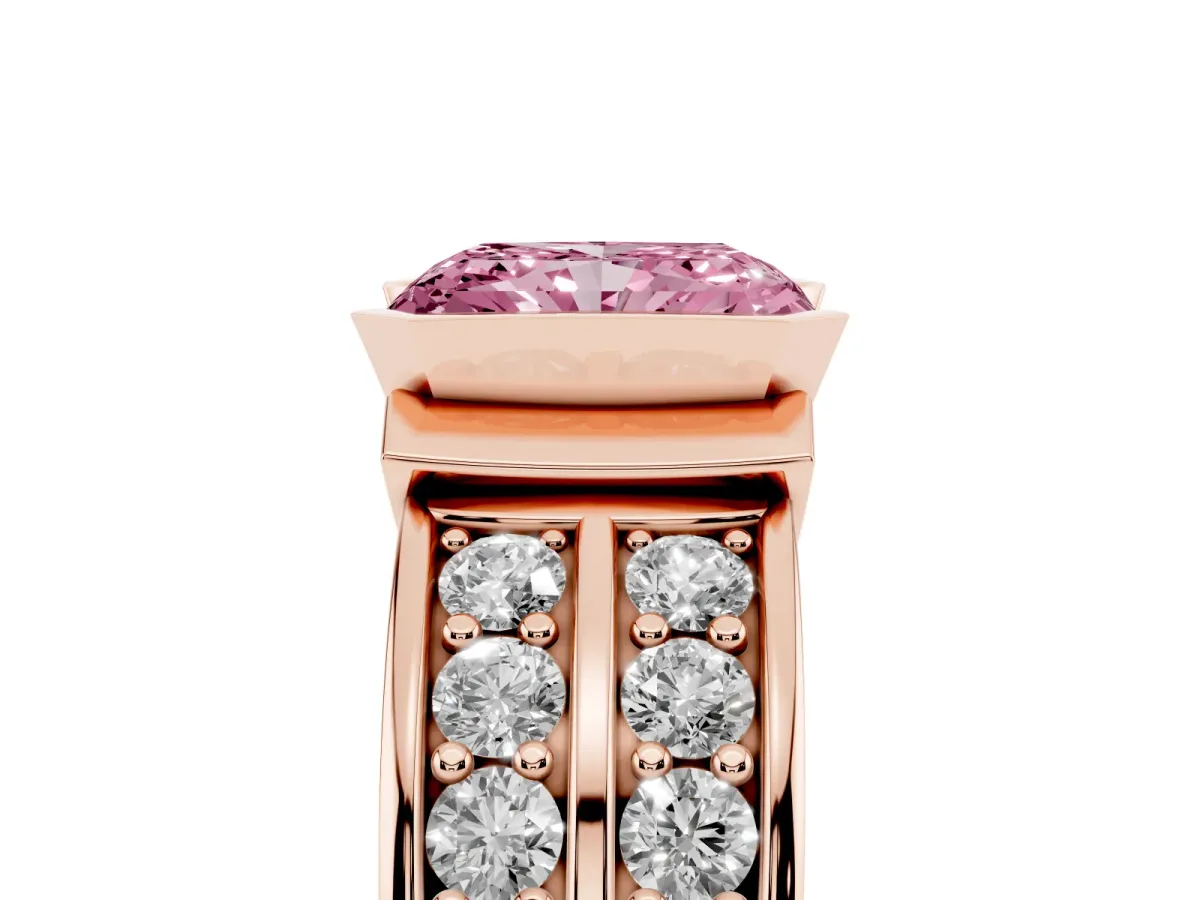 Fancy Pink Radiant Cut Brilliant Diamond Channel Set Wide Band Ring with Bezel Setting Rose gold