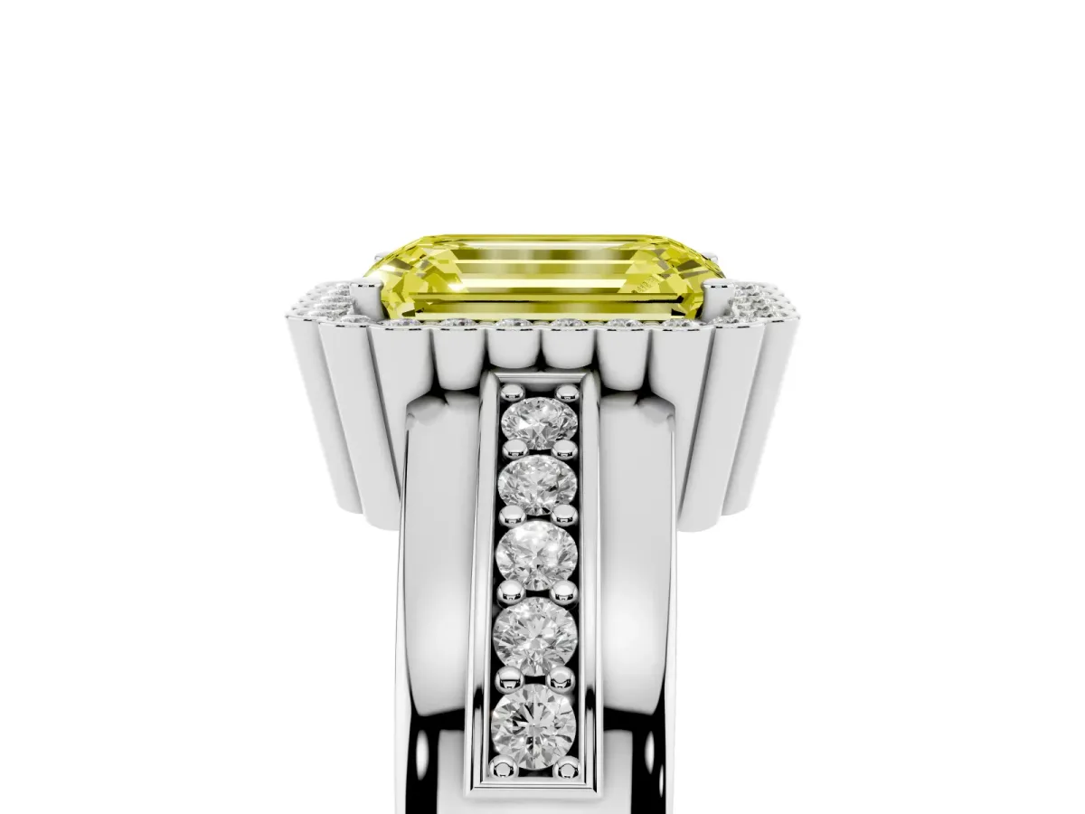 Fancy Yellow Emerald Cut Cut Halo Pave Band Four-Prong Ring Silver