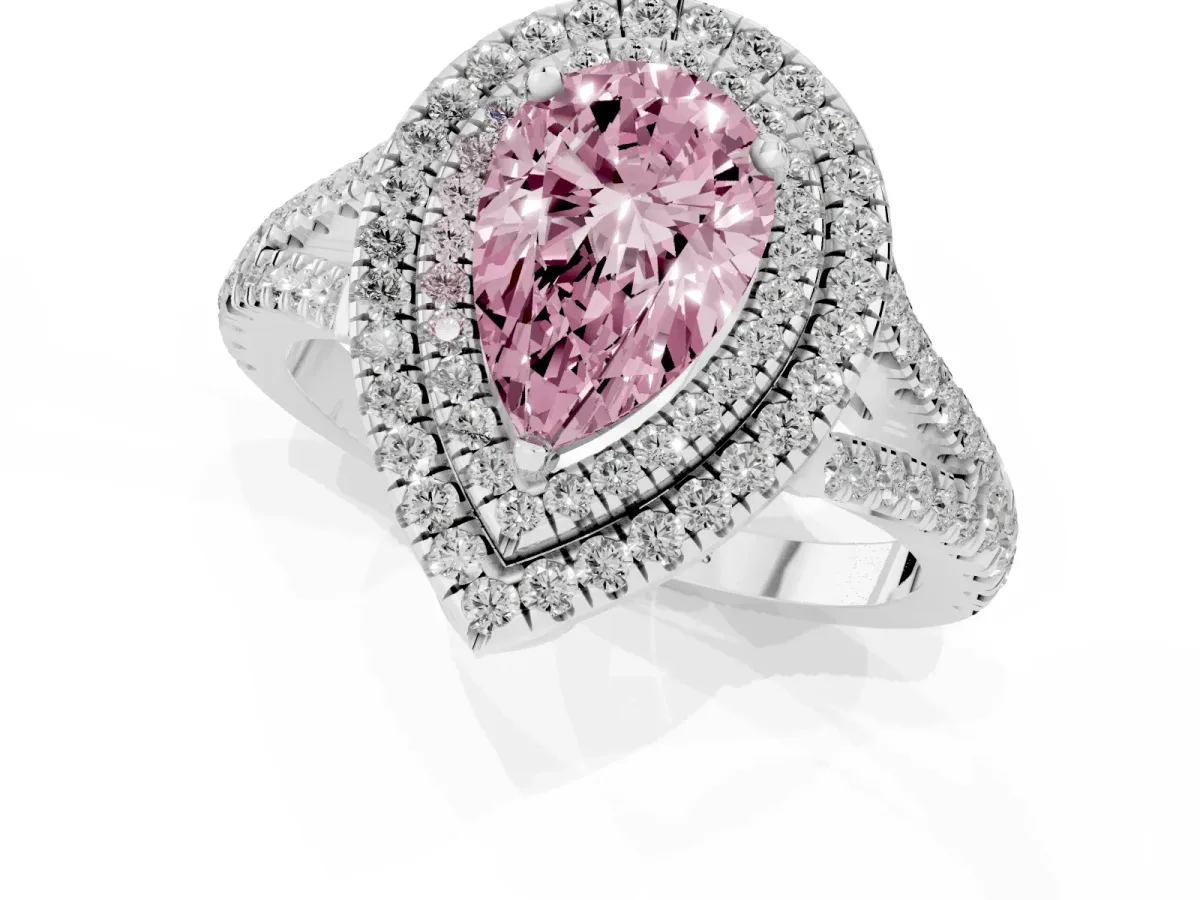 Fancy Pink Pear Cut Diamond Double Halo Ring with Pavé Band and Prong Setting Platinum