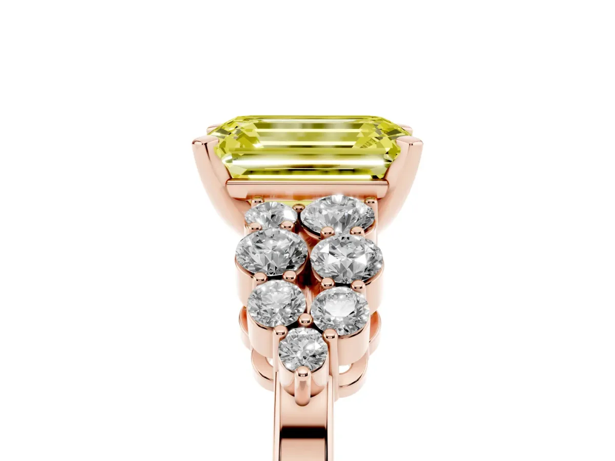 Fancy Yellow Emerald Cut Cluster Diamond Engagement Ring with Pavé Band and Four-Prong Setting Rose gold