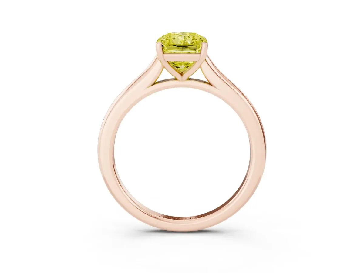 Fancy Yellow Radiant Cut Cut Solitaire Ring with Cathedral Band and Four-Prong Setting Rose gold