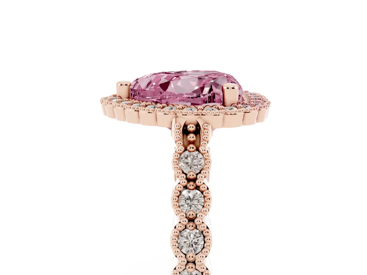 Fancy Pink Heart Cut Cut Halo Pavé Solitaire Ring with Milgrain Band Rose gold