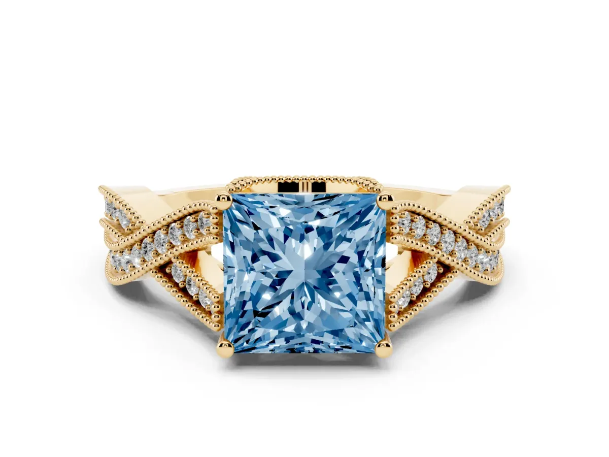 Fancy Blue Princess Cut Cut Diamond Twisted Band with Milgrain Pave Setting and Four-Prong Setting Yellow gold